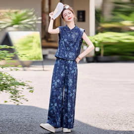 时尚休闲套装女2025夏新款轻熟气质衬衫无袖阔腿裤两件套ZQ25113