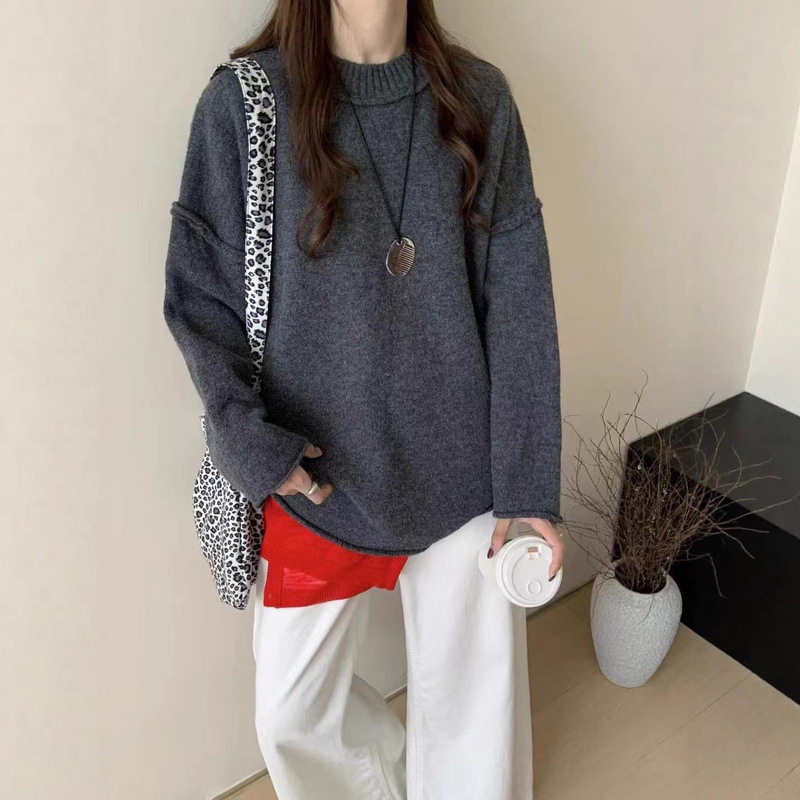 俄罗斯跨境新款纯色宽松大码圆领反套设计感套头毛衣女厚实套头衫|undefined