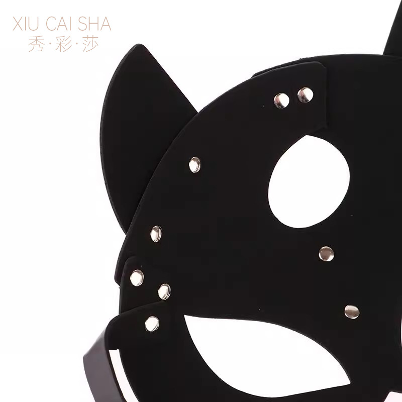 Leather Rabbit Eye Mask Hood, Black Flirting Blindfold Accessory — detail image 9