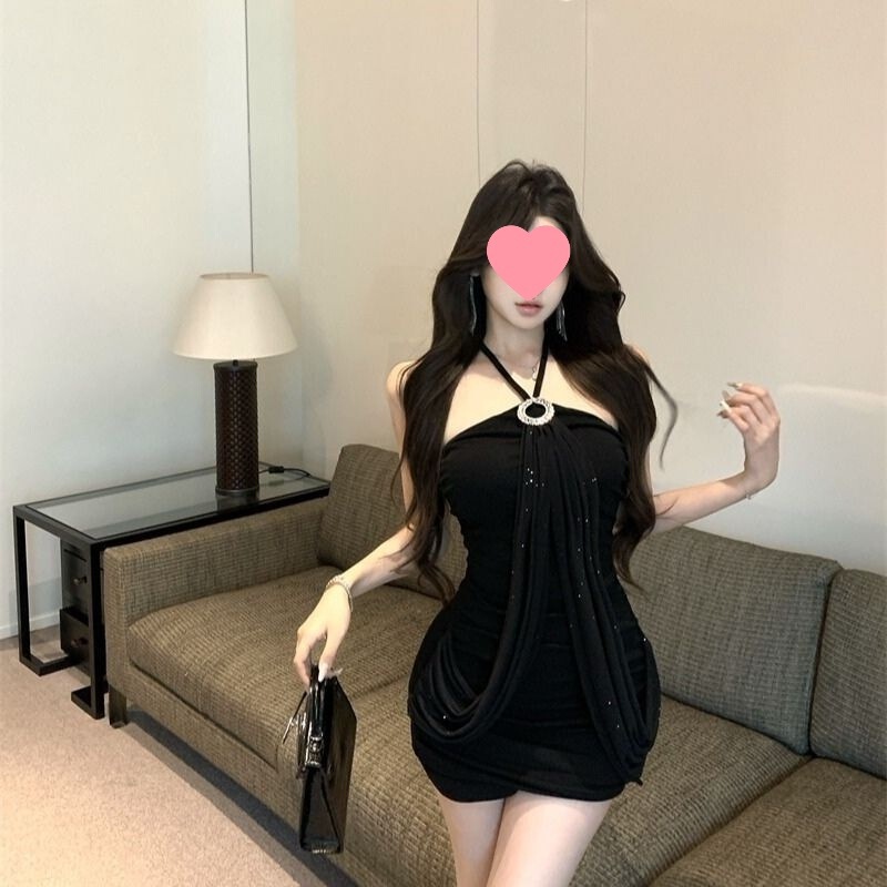 Pure Lust Style Backless Halterneck Tube Top Dress for Women, Summer Slim Skirt, Black Waist-Hugging Hip Skirt