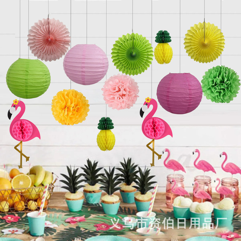 Summer Hawaii beach LUAU pineapple Flamingo honeycomb ball lantern paper fan paper flower ball window decoration set