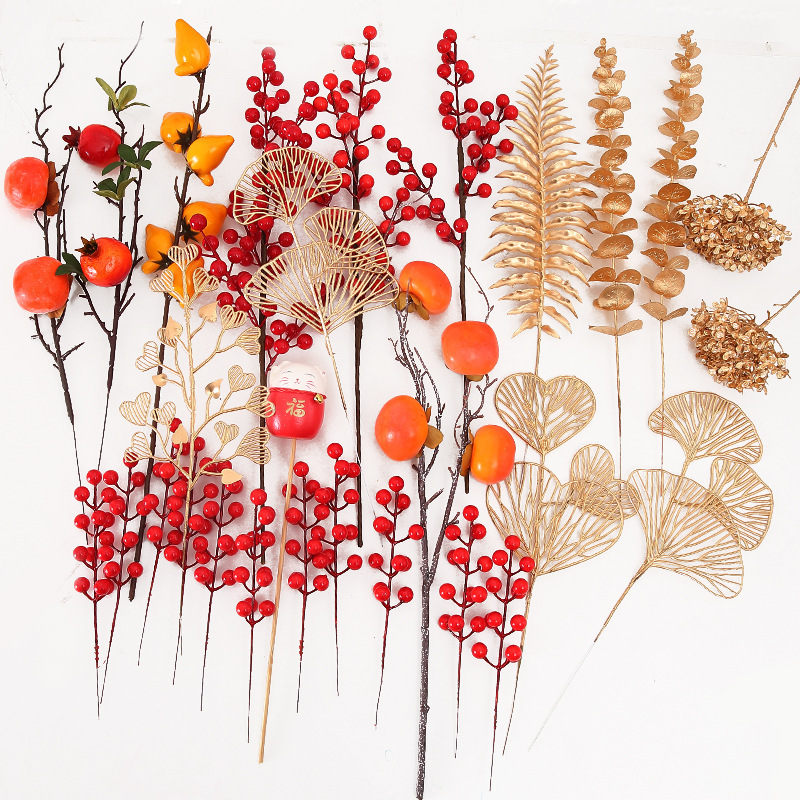 Flores de simulación de oro, flores de oro, hojas de oro, flores de Navidad, hojas de oro, hojas de abeto, hojas de abanico de oro, eucalyptus, flores