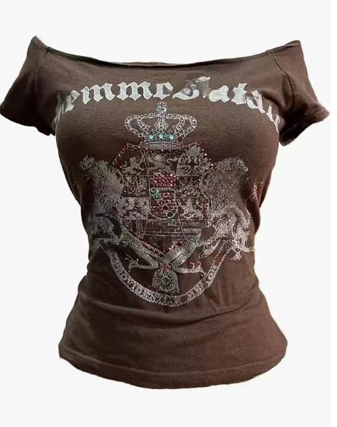 Y2K Millennial Style Brown Off-Shoulder Short-Sleeve T-Shirt for Women, Vintage Crown Emblem with Rhinestones, Slim Fit, Off-Shoulder, Hot Girl Top Y2K Millennial Style Brown Off-Shoulder Short-Sleeve T-Shirt for Women, Vintage Crown Emblem with Rhinestones, Slim Fit, Off-Shoulder, Hot Girl Top