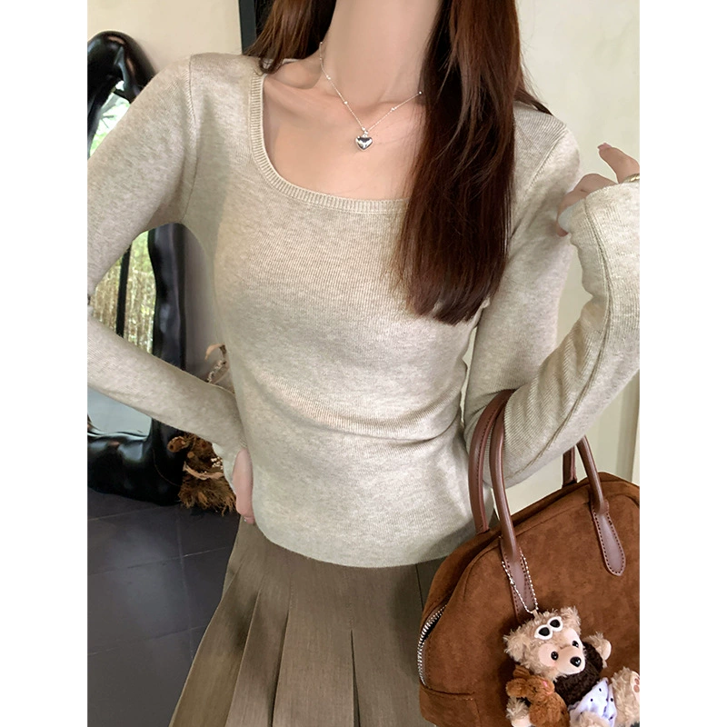 Вязаный демисезонный короткий свитер, (Физика), квадратное вырез, Slim fit