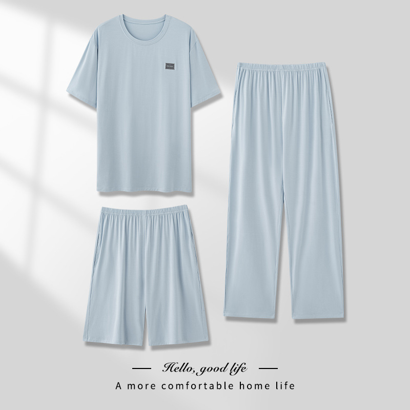 남성 잠옷 얇은 봄 여름 모달 반팔 바지 3 피스 캐주얼 루즈 대형 홈웨어 세트