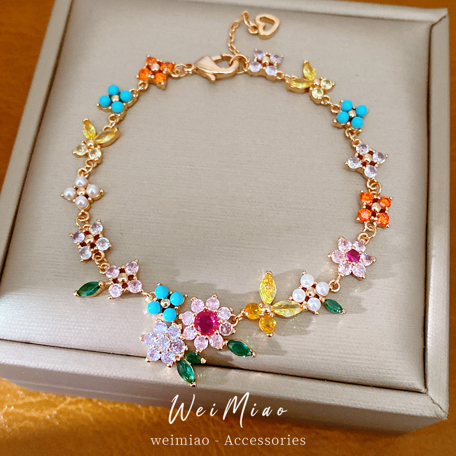 18 quilates de oro real pulsera de flores de perlas de piedra de diamante vacaciones de verano en la playa pulsera de viento dulce joyería versátil