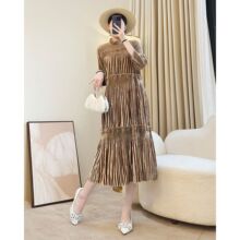 真丝绒连衣裙秋季2025新款高端奢华妈妈宴会裙小个子卡其色中长裙