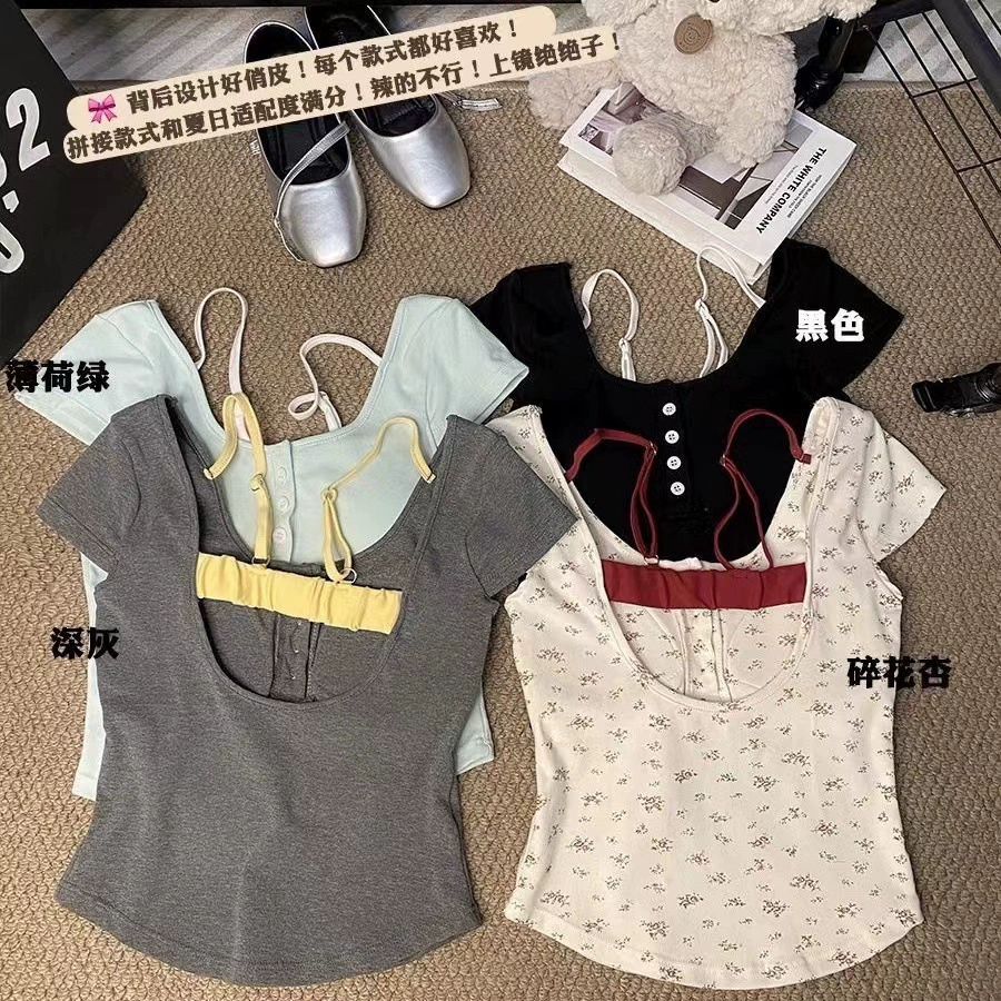 Короткие рукава с цветным принтом и короткими рукавами с нагрудным ковриком, тонким и тонким, нишевым уникальным чувством дизайна