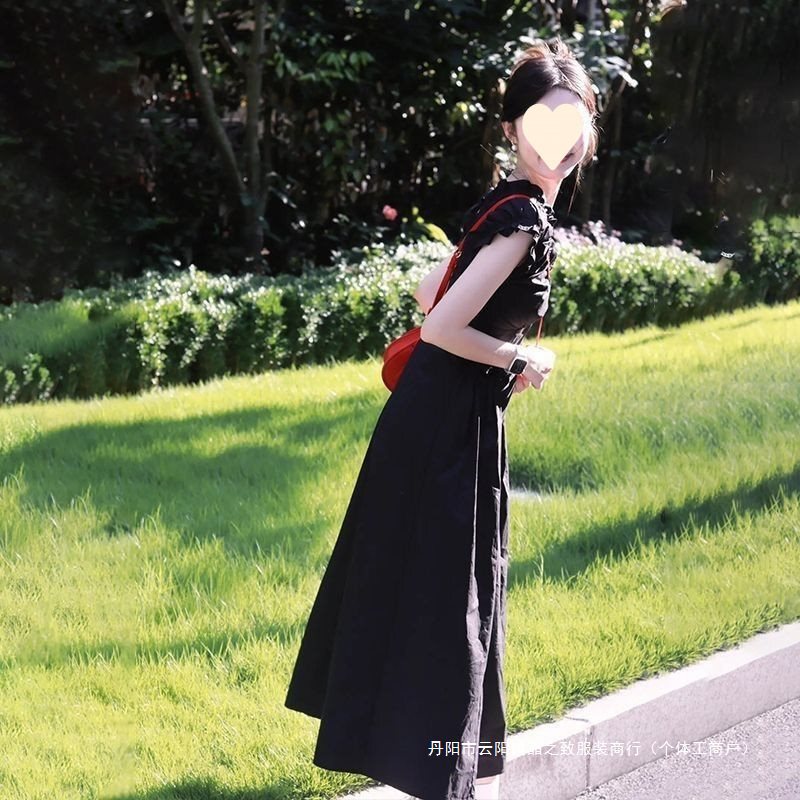 领泡泡袖连衣裙大码女装胖夏季赫本风感褶皱收腰显瘦长裙|undefined