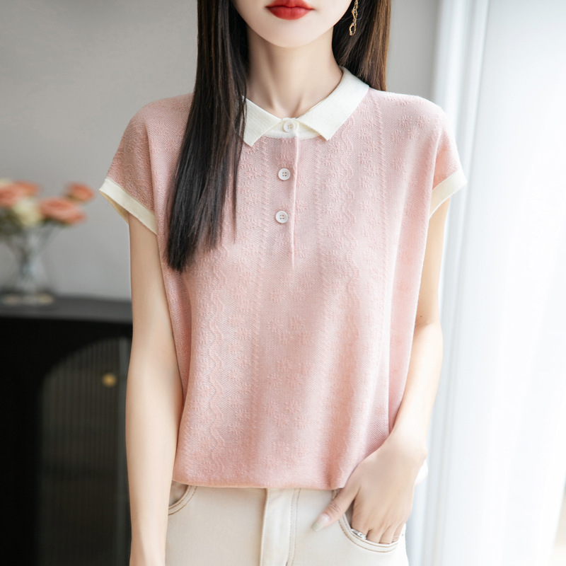 Color-Block Polo Collar Short-Sleeve T-Shirt for Women, Ice Silk Knit, Summer Thin Breathable Loose Slimming Top Color-Block Polo Collar Short-Sleeve T-Shirt for Women, Ice Silk Knit, Summer Thin Breathable Loose Slimming Top