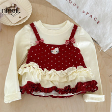 【柠里】童装女童红色假两件T恤秋季新款儿童女宝宝波点花边上衣