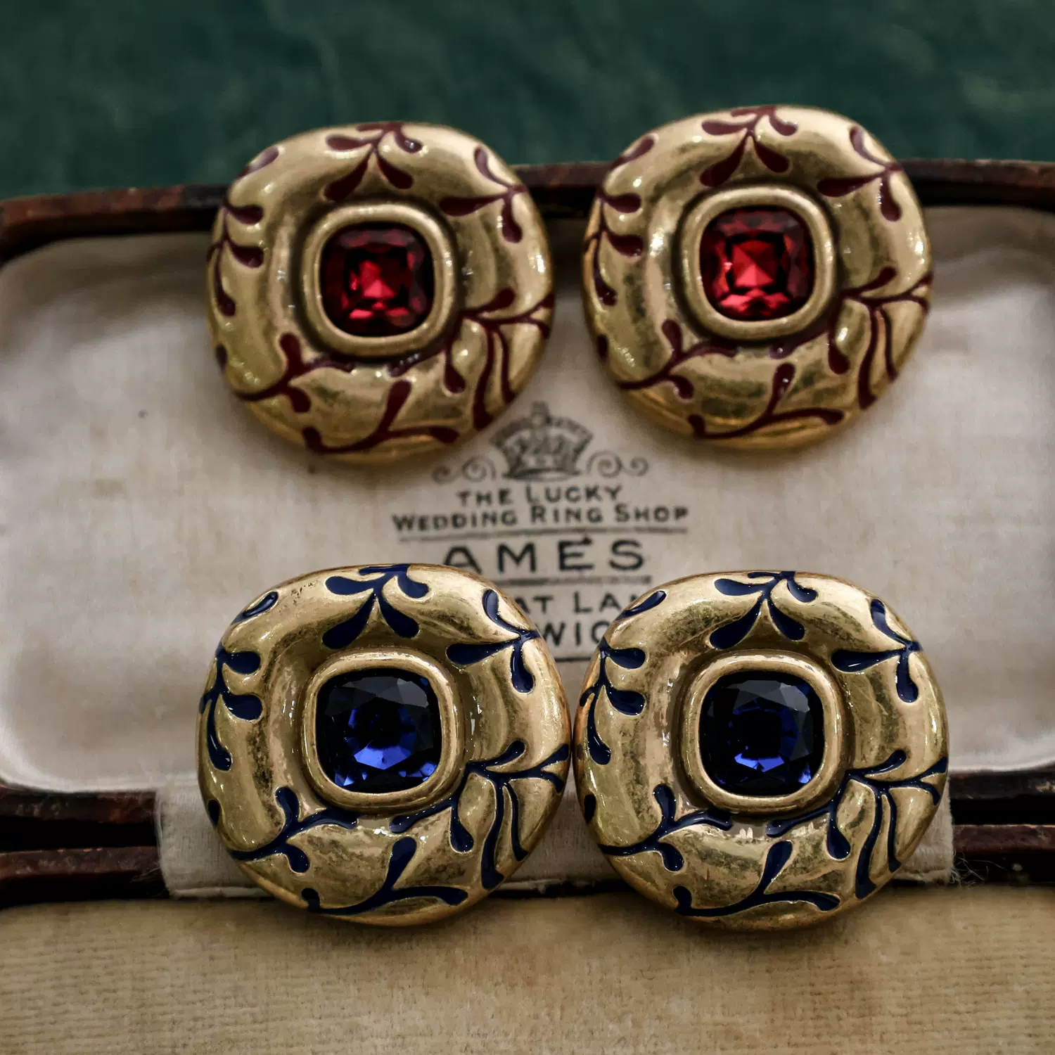 圆形小草花纹镶嵌宝石银针耳钉复古重工小众设计高级感女耳饰饰品