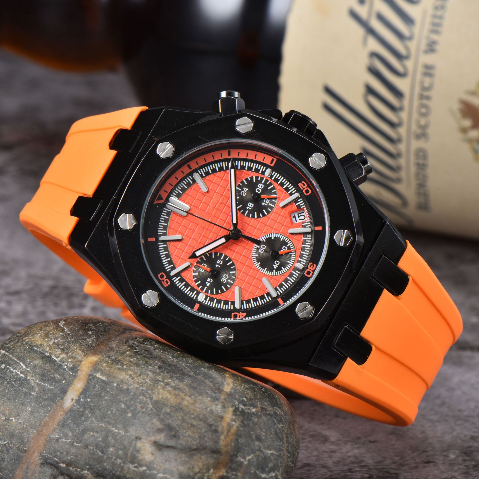 Foreign Trade Royal Oak Silicone New a Brand Six-Pin Quartz Men's Watch Calendar Luminous Quartz Trendy Watch Manufacturer