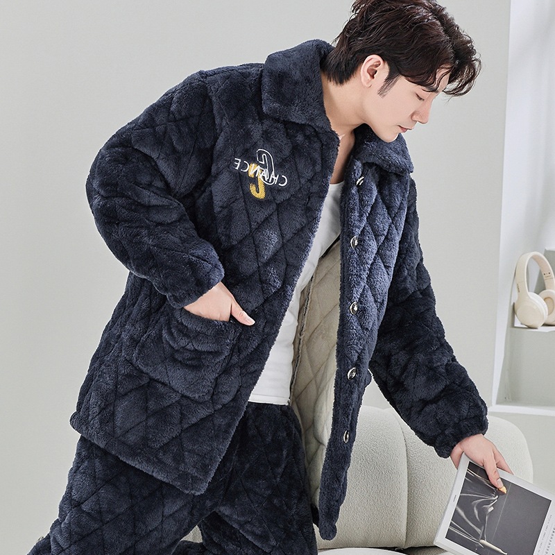 Winter New Men's Pajamas Three-Layer Thickened Quilted Open Button Lapel Fashion Home Wear Set