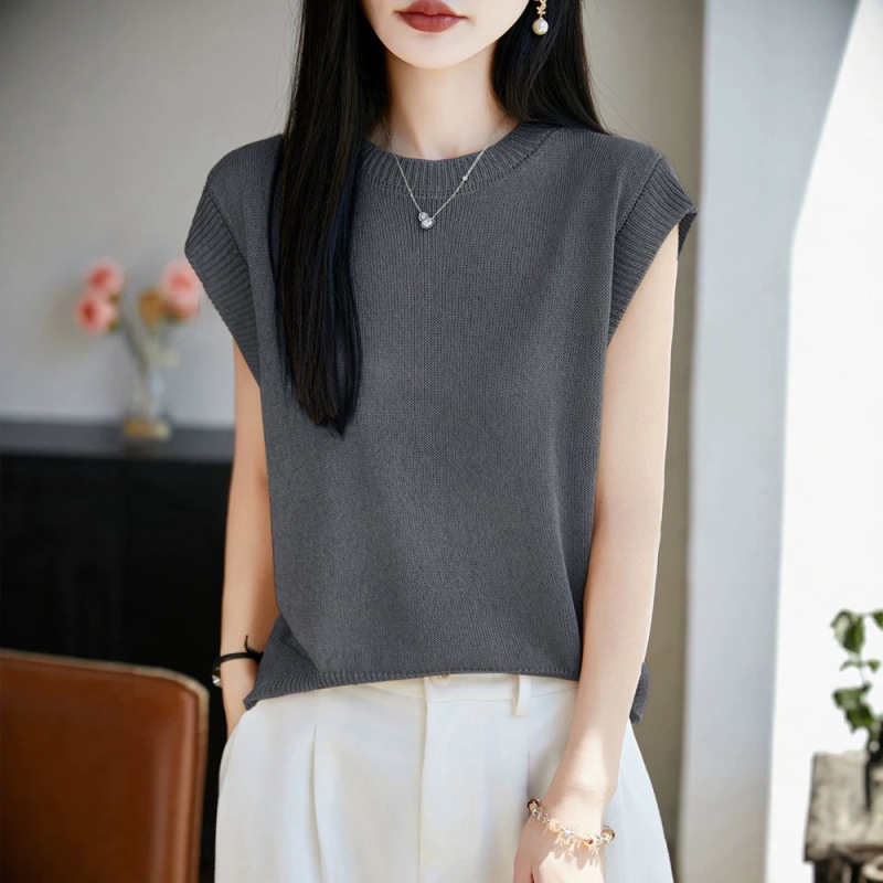 Cross-Border Wholesale Spring and Summer New Style Round Neck Short-Sleeve Women's Pullover Knit Top with Small Flutter Sleeves Plus Size Women's Clothing Base Layer
