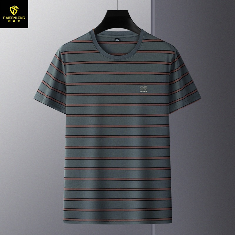 Parson Dragon Spring and Summer middle-aged men's short-sleeved T-shirt round neck striped embroidered men's polo shirt top in stock