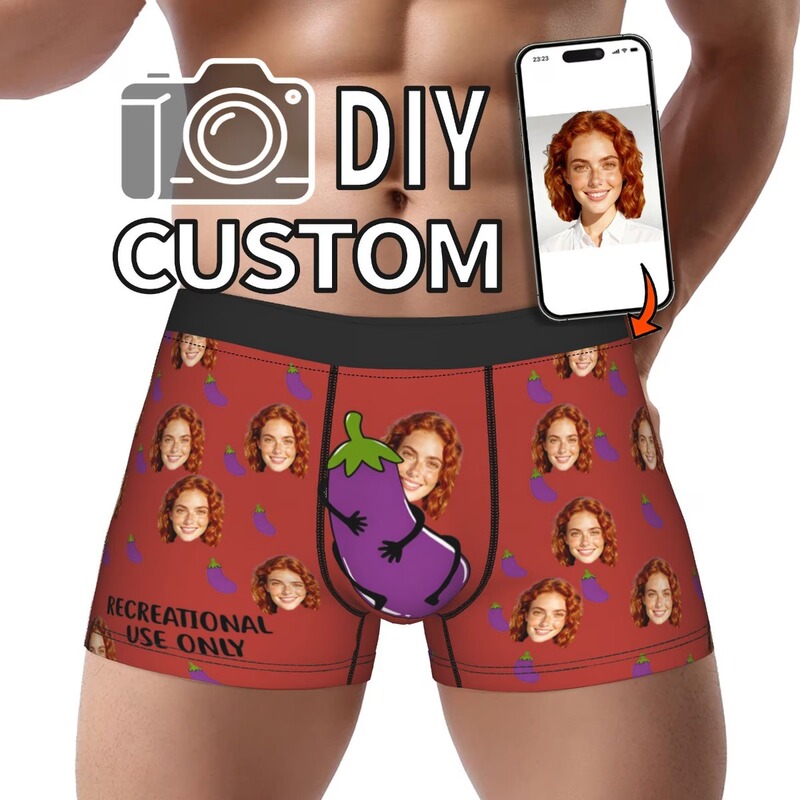 Cross-Border European and American DIY Custom Face-Print Men's Boxer Briefs with Fun Eggplant Quirky Print, Factory Wholesale
