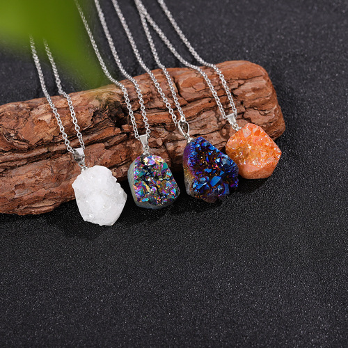 Natural irregular agate crystal pendant white crystal raw stone necklace diy jewelry accessories gravel necklace cross-border
