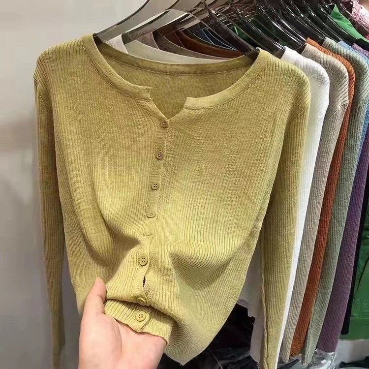 2026 Spring New V-Neck Slim Fit Knitted Cardigan for Women, Solid Color Thin Sweater Jacket, Elegant Commuter Top