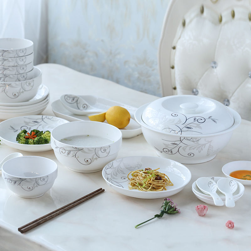 套碗家用陶瓷碗盘组合简约碗碟餐具一家人碗筷勺套装菜盘鱼盘饭碗