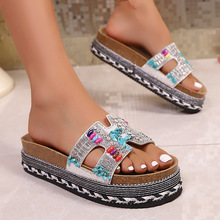 2025新款欧美跨境外贸一字拖新款时尚水钻麻绳厚底拖鞋沙滩软木拖