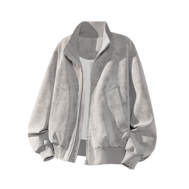Giacca da baseball da lavoro con colletto alto, stile retrò americano, in pelle PU grigia tie-dye per uomo_voghion.com