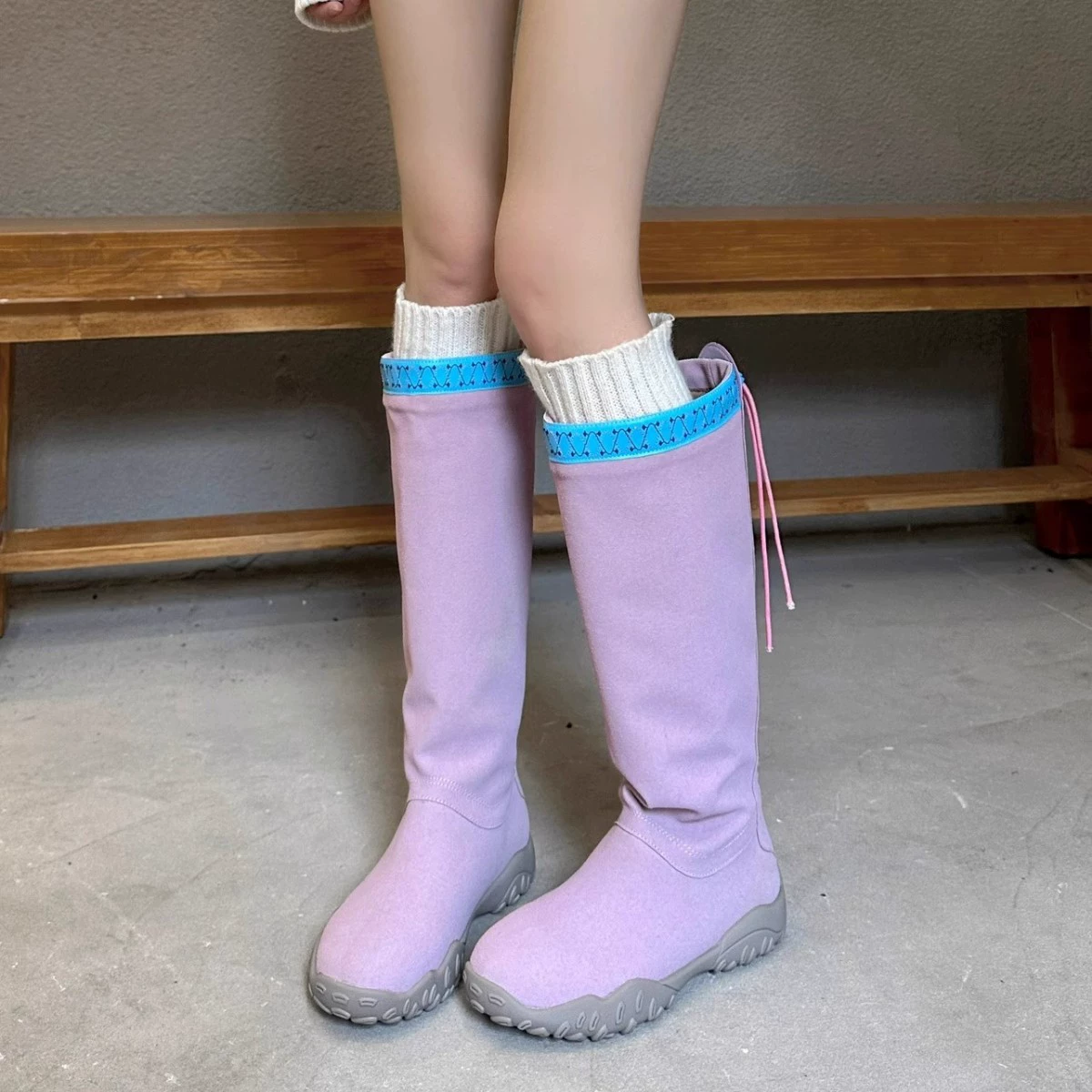 Коровья кожа версия ~ Фиолетовые сапоги женские ретро-стиль круглые головы дикие плюшевые плоские рукава сапоги высокие сапоги рыцарь сапоги