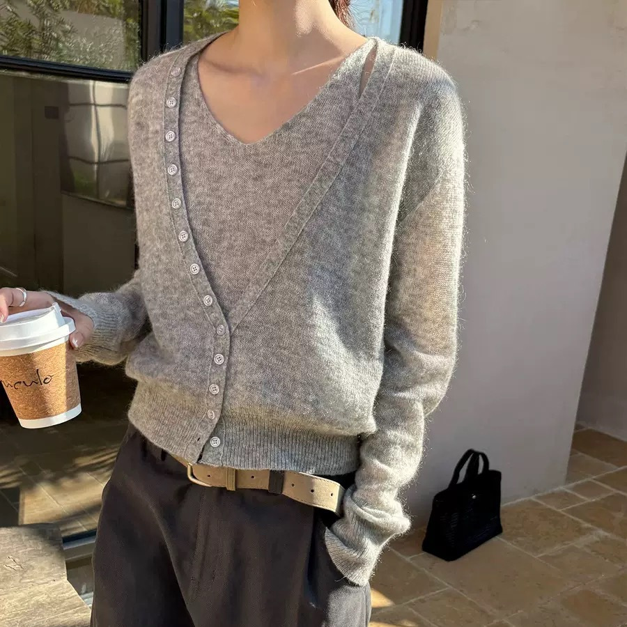 韩系温柔风v领长袖针织开衫背心两件套女早秋冬新款软糯罩衫上衣