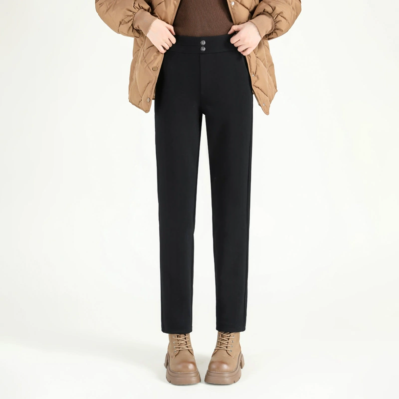 YiFanLiZi Winter Warm Fitted Trousers for Leisure - High-Waisted Thickened Cozy Black