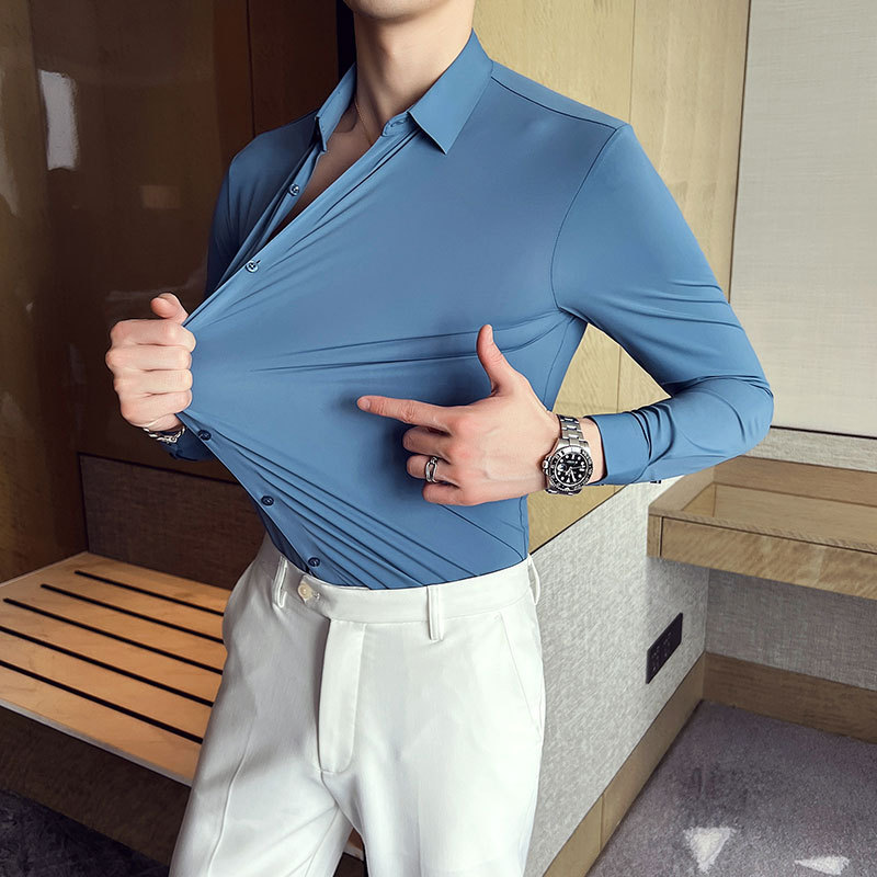 Large Stretch Men's Long-Sleeved Shirt, Slim-Fitting Business Casual Knitted Seamless Laminated Non-Iron Draped Thin Shirt