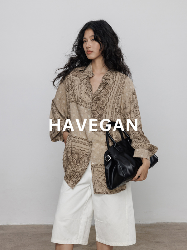 与间HAVEGAN/复古印花长袖衬衫女秋季2025新款宽松老钱风松弛上衣|undefined