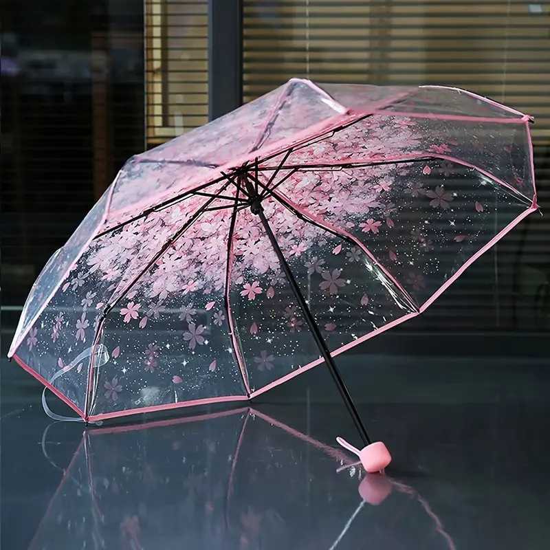 Transparent Umbrella Manual Folding Umbrella High Color Value Three Folding Umbrella Wholesale Umbrella Cyber Red Umbrella Transparent Umbrella New Umbrella