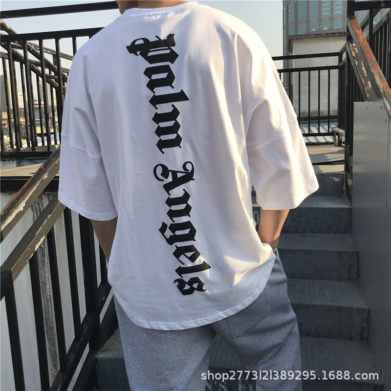 European Station Pure Cotton Trendy Brand PA Palm Angel New Vertical Row Letter Printed Men's and Women's T-Shirt Loose BF Style Short Sleeve