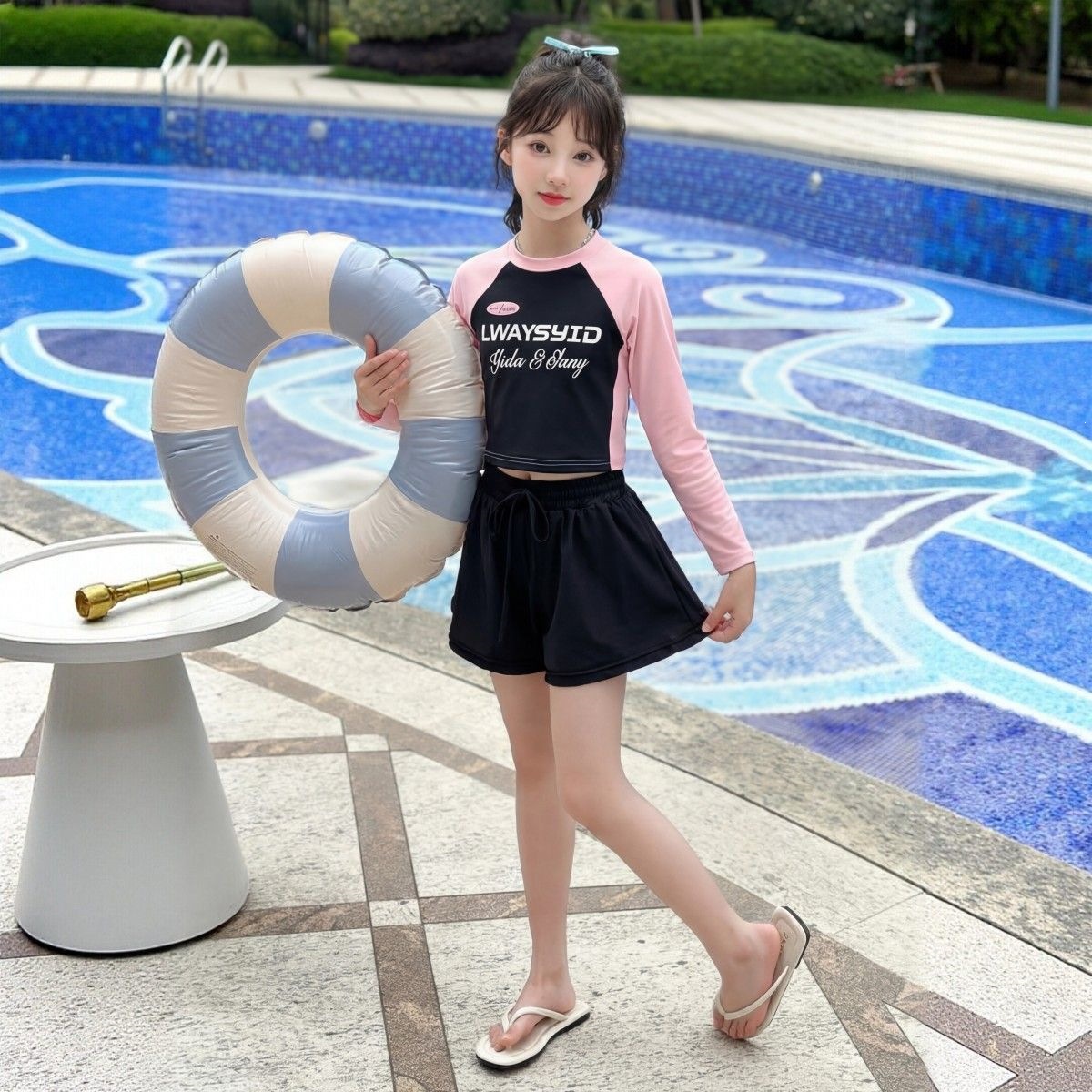 Girls' swimsuit set, summer 2026 new style, girls' two-piece swimsuit, children's summer clothes, stylish long-sleeved swimsuit