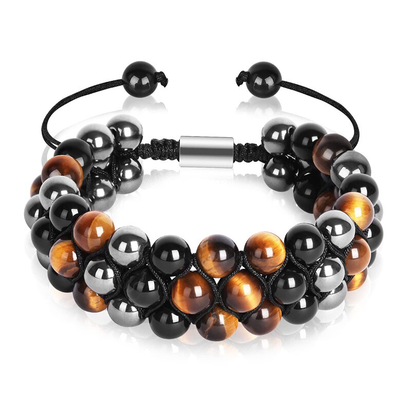 Amazon ETSY Hot Sale 8mm Tiger Eye Bracelet Three Layer Natural Stone Beaded Woven Bracelet Men's Bracelet