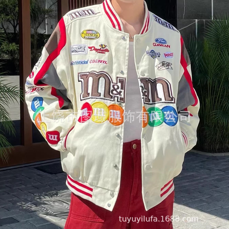 Cross-Border Independent Site American Retro M&M Bean Print Racing Jacket Baseball Jacket Printed Color-Block Streetwear Jacket