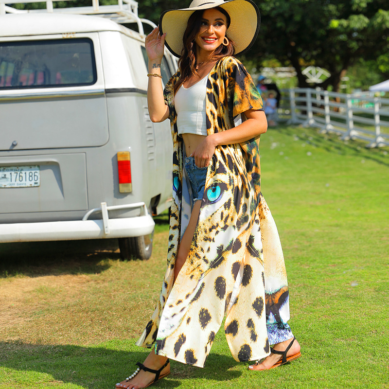 Playa blusa Tigre patrón posicionamiento impresión vacaciones cardigan bikini camisa de protección solar traje baño desgaste exterior 5D76