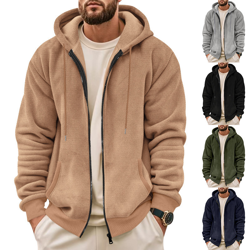 Tiktok Hot-Selling Cross-Border Casual Sports Men's Fleece-Lined Composite Fleece Zip-Up Hoodie Jacket