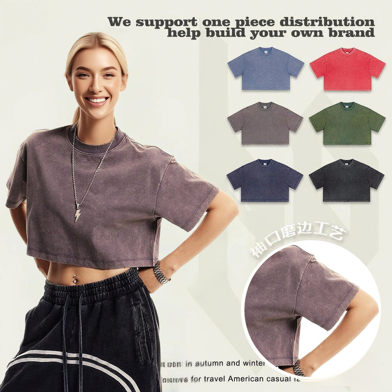 Cross-Border Hot Product 230g Washed Distressed Cotton t Pullover Short Sports Fitness Blouse Revealing Navel Sexy Short-Sleeved T-Shirt for Women