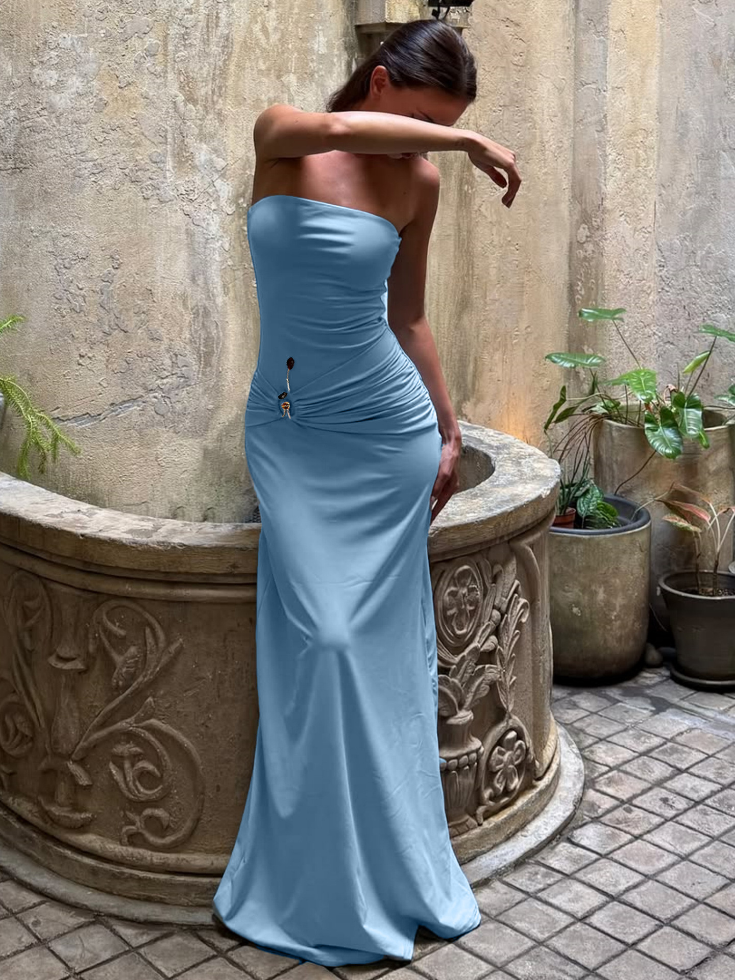 Women's Clothing Metallic Twist Strapless Long Skirt For Women Bodycon Slim Fit High Elasticity Solid Color Style_ecoleips.com