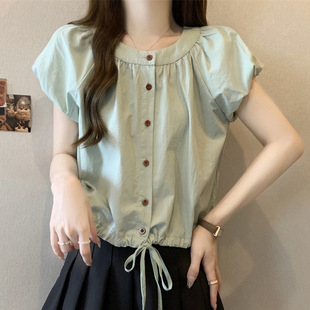 Plus Size Women's French Style Short-Sleeved Shirt Summer Design Niche Lace-Up Puff Sleeves Slimming Short Top