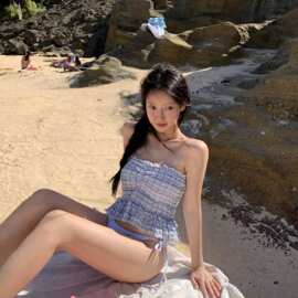 甜美小清新格子泳装抹胸露背分体两件套比基尼温泉度假泳衣性感女