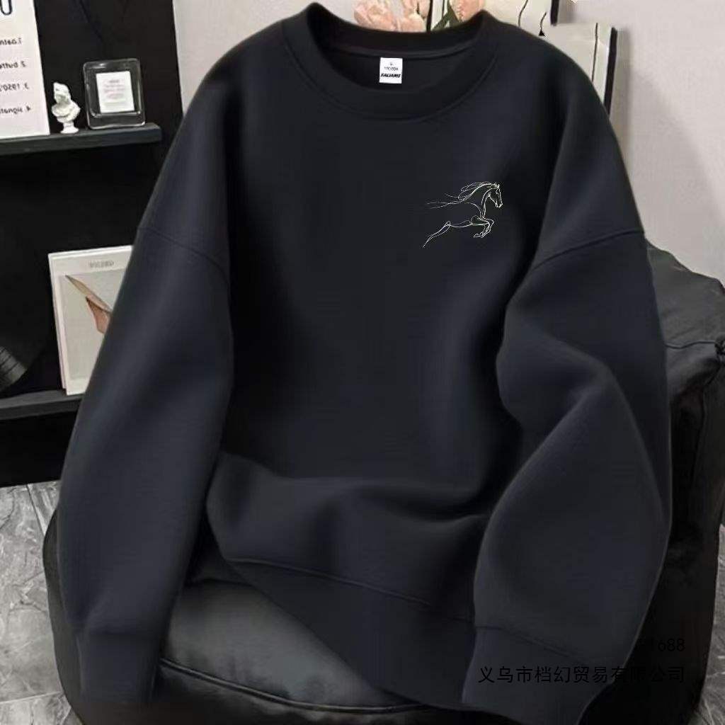 2026 personalized line horse print crew neck sweatshirt for men and women, students, niche autumn and winter fleece-lined loose fit sporty top, trendy