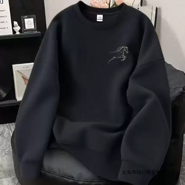 2026 personalized line horse print crew neck sweatshirt for men and women, students, niche autumn and winter fleece-lined loose fit sporty top, trendy