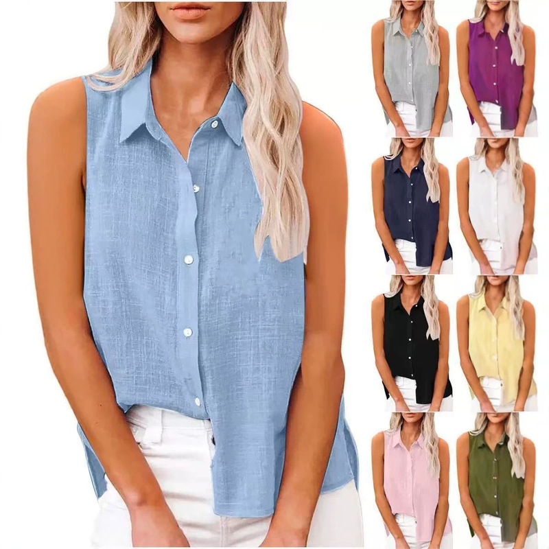 2026 European and American Cross-Border Amazon Ebay Summer Hot-Selling Collared Cotton-Linen Button-Down Sleeveless Women's Shirt 2026 European and American Cross-Border Amazon Ebay Summer Hot-Selling Collared Cotton-Linen Button-Down Sleeveless Women's Shirt