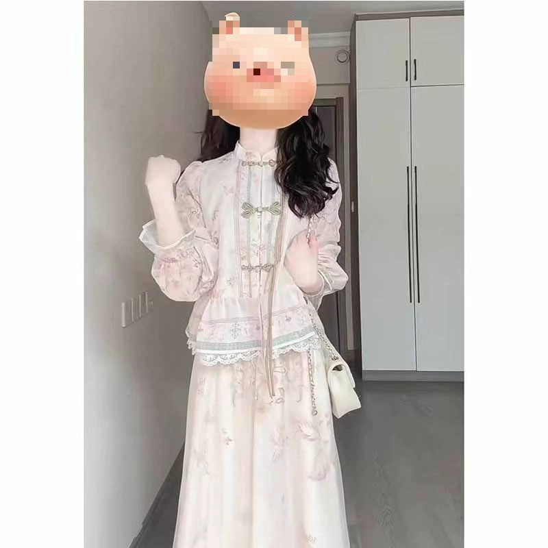 Новый китайский стиль женского легкого люкса: комплект из топа на бретелях и юбки, новые акриловые длинные юбки 2025 года