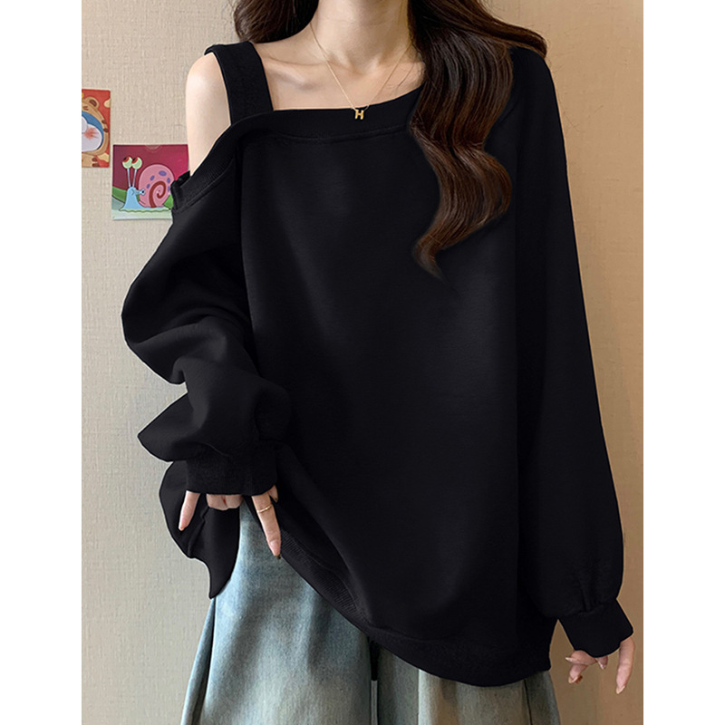 plus size Belly Covering Lazy Style Shoulder Long-sleeved Sweater Women's Spring and Autumn Chubby Sister Loose Slimming Chic Shoulder Top