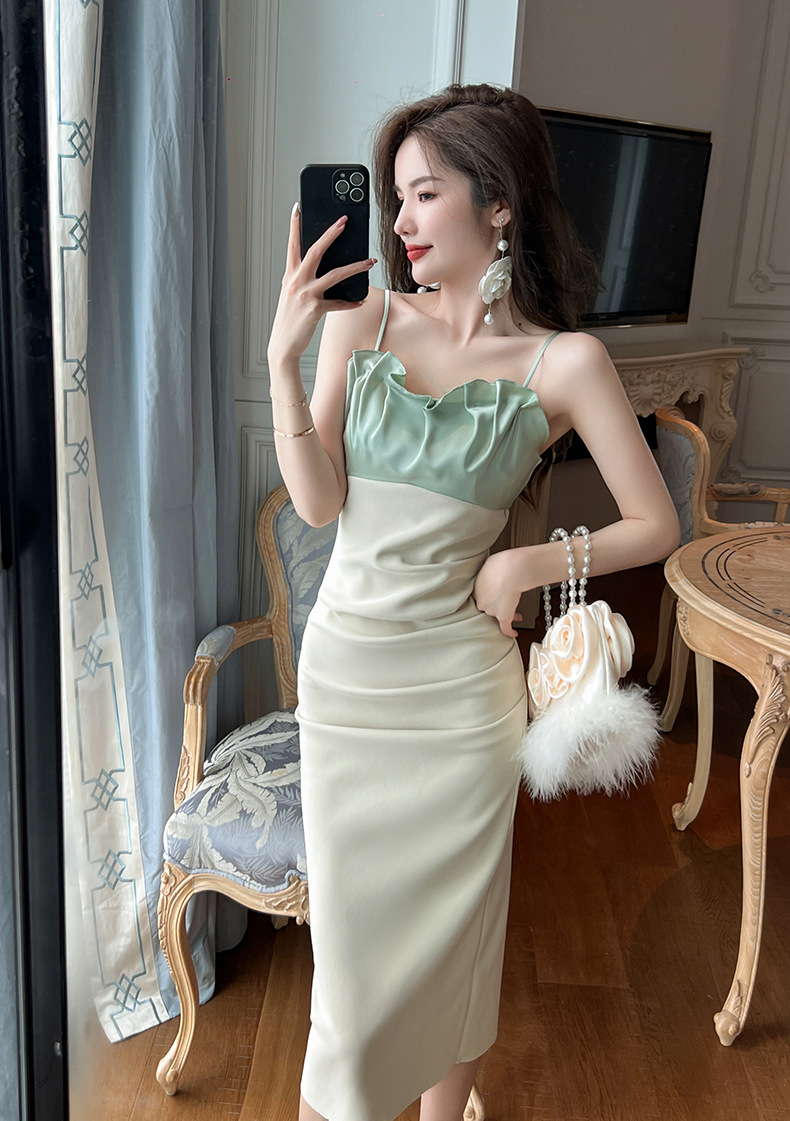 Đầm ôm body nữ dáng dài phối màu xếp ly — Màu xanh lá chi tiết 12