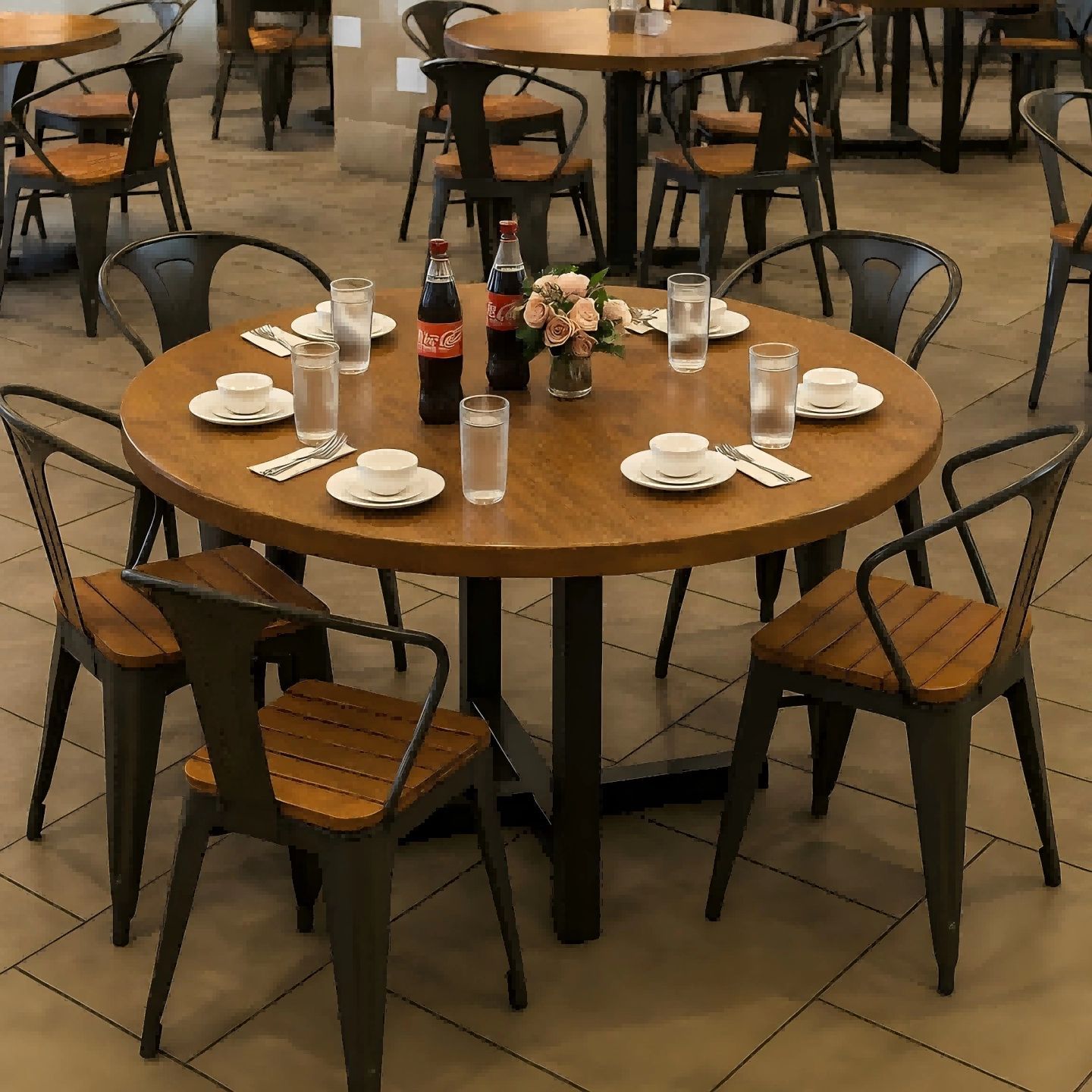 工业风烧烤店桌椅组合铁艺大圆餐桌餐饮商用食堂餐桌椅组合大板桌