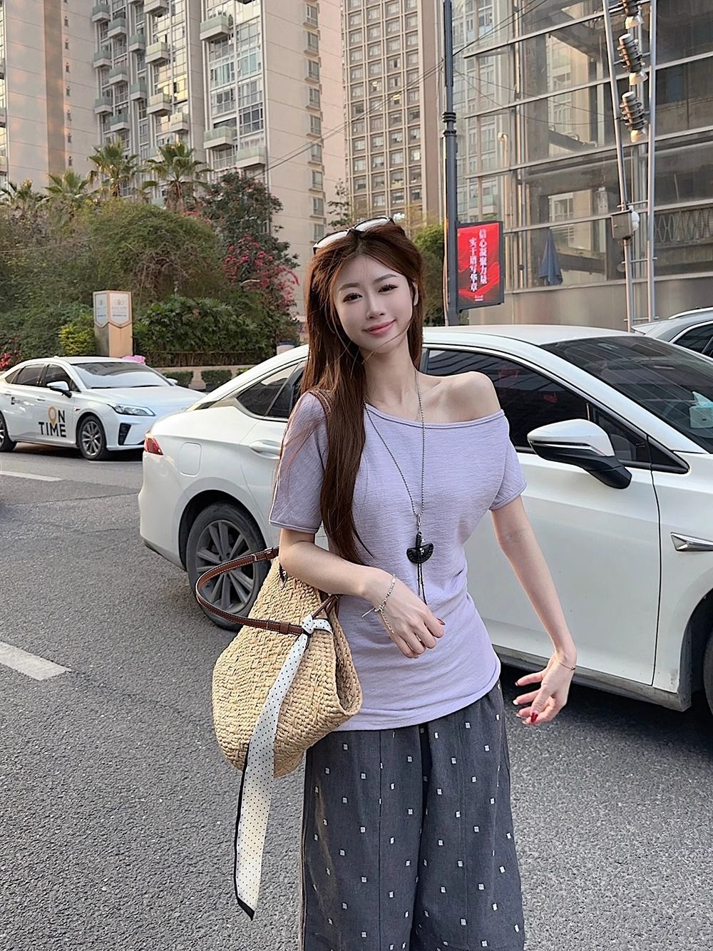 여성용 여름 신상 게으른 스타일 오프숄더 반팔 티셔츠, 타로 퍼플 사선 어깨 디자인 슬림핏 탑 도매